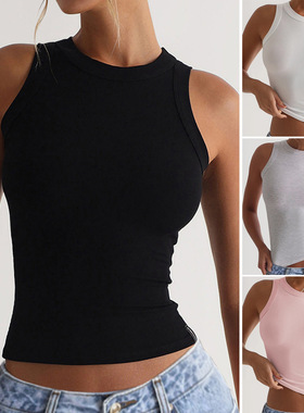 Solid color round neck screwback vest 纯色圆领螺纹打底背心女