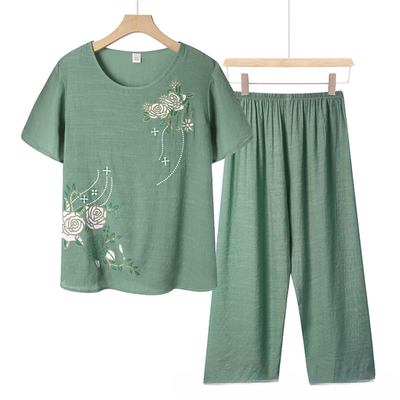 薄款丝麻两件套衣服夏季60老年妈妈休闲短袖女70太婆套装80岁奶奶