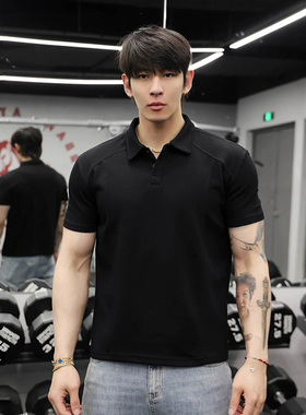 黑色解构宽肩男士POLO衫翻领宽松亨利衫短袖立领男式白色t恤上衣