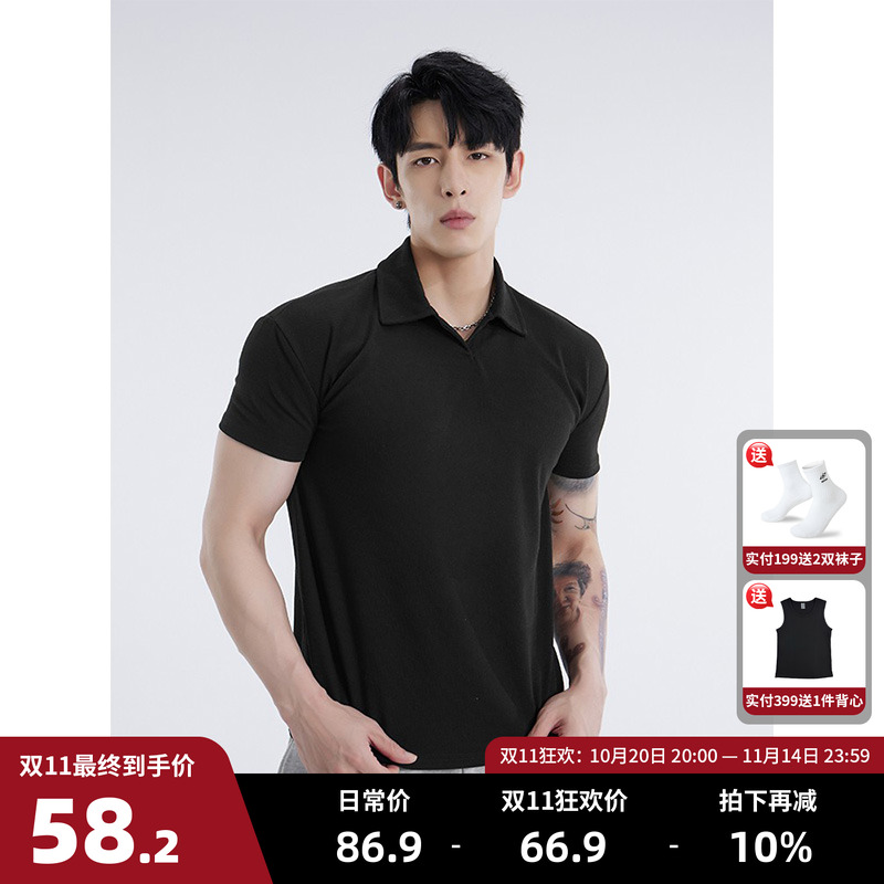 黑色夏季短袖新中式上衣亨利领男式polo衫收袖口运动健身男士T恤