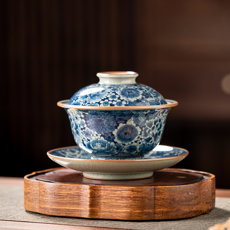 手绘青花柴窑三才盖碗茶杯老陶泥万花景德镇中国风陶瓷茶具单个