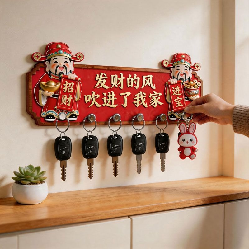 财神招财钥匙挂钩免打孔强力承重入户门玄关墙上无痕粘贴挂架粘钩