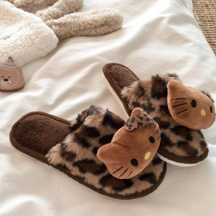 豹纹hellokitty棉拖鞋女2025新款冬季家居室内可爱保暖毛绒拖鞋