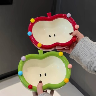 苹果陶瓷果盘家用客厅甜品碗自带水果叉沙拉碗收纳盘高颜值糖果盘
