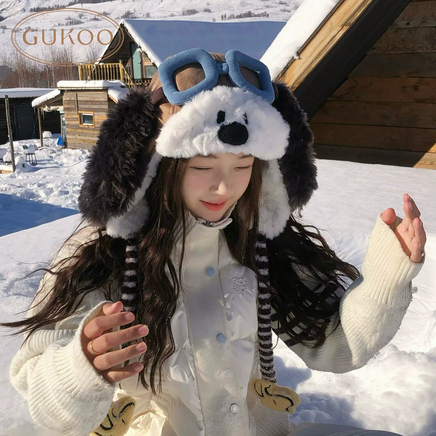 眼镜小狗飞行帽女冬季户外滑雪骑行帽子加厚保暖防寒护耳帽毛绒帽