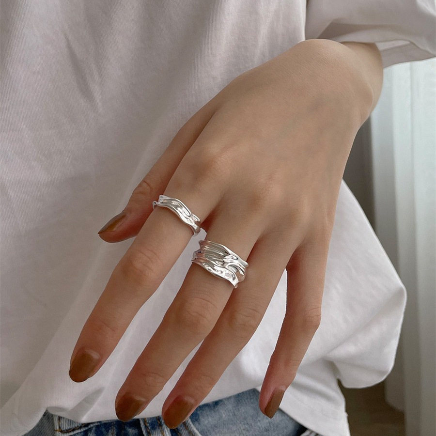 几何褶皱戒指女复古时尚夸张925银凹凸开口指环朋克食指戒潮