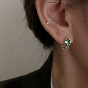 复古纯银绿钻耳钉甜美耳环轻奢精致高级感百搭耳饰2025年新款潮