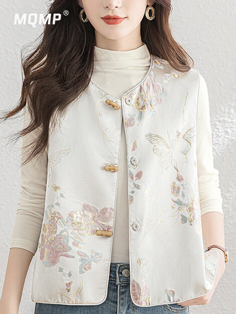 络秋系列 |新中式马夹女士2025新款单排扣宽松款开叉短款叠穿马甲