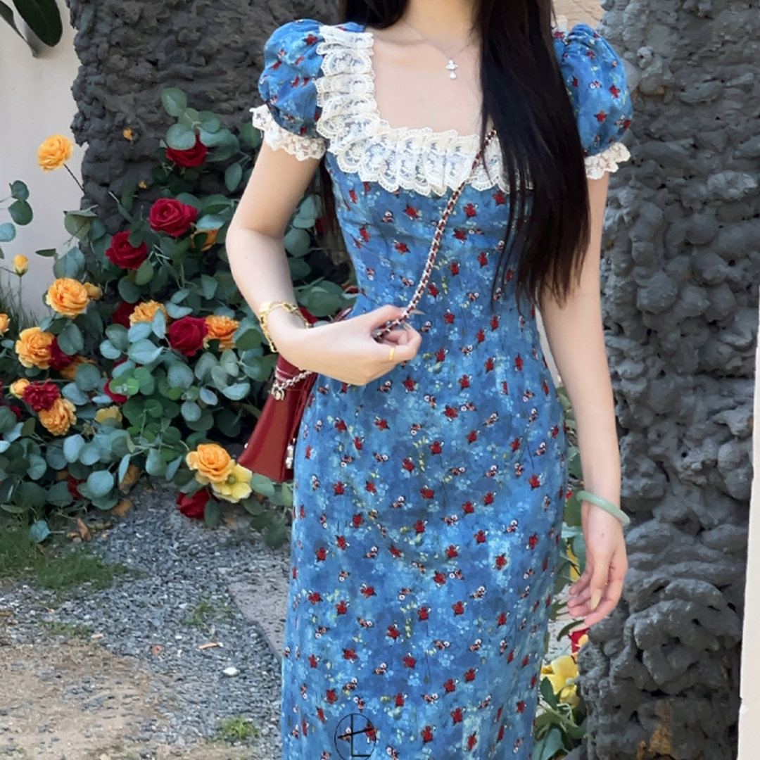 七小七Sicily落日玫瑰法式蓝色碎花连衣裙夏小众设计气质长裙