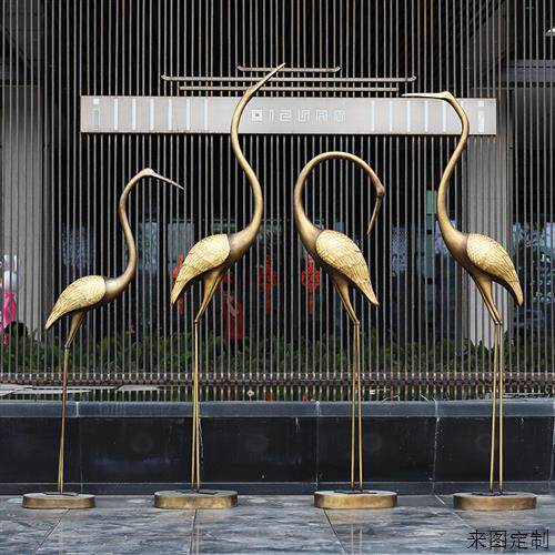 仿铜抽象玻璃钢仙鹤雕塑户外景观小品房地产售楼处小区水景装饰