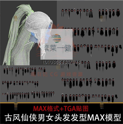 古风仙侠武侠男女发型3D模型古代3Dmax人物角色头发建模CG模型