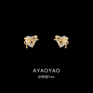 AYao个性立体爱心蝴蝶结双拼色耳环女无耳洞蚊香盘耳夹2025新款潮