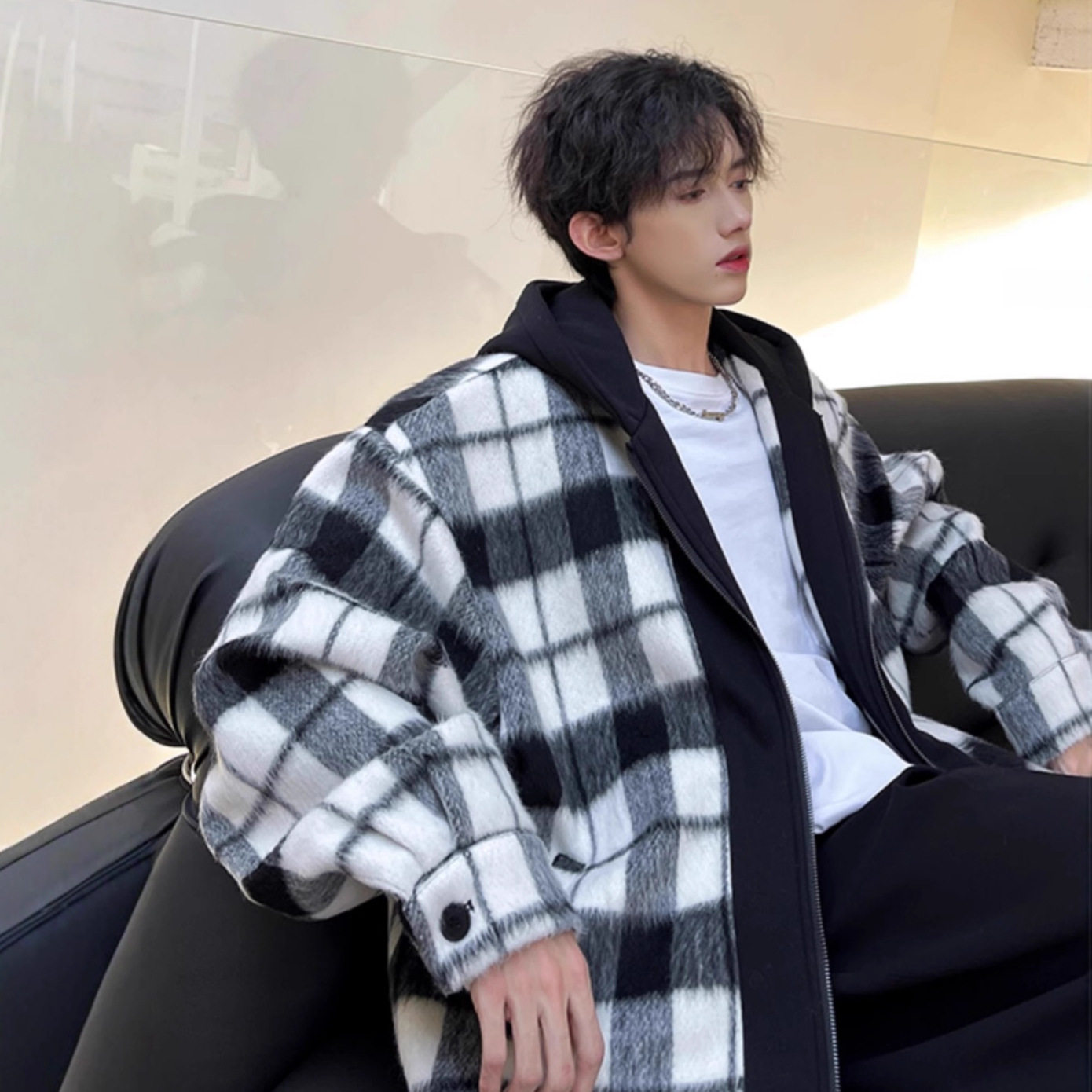 小香风黑白格子毛呢外套男士秋冬季2025新款韩版假两件连帽夹克男