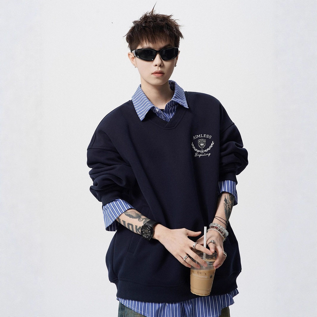 美式假两件情侣卫衣男秋重磅潮牌学院风长袖上衣设计感衬衫领外套