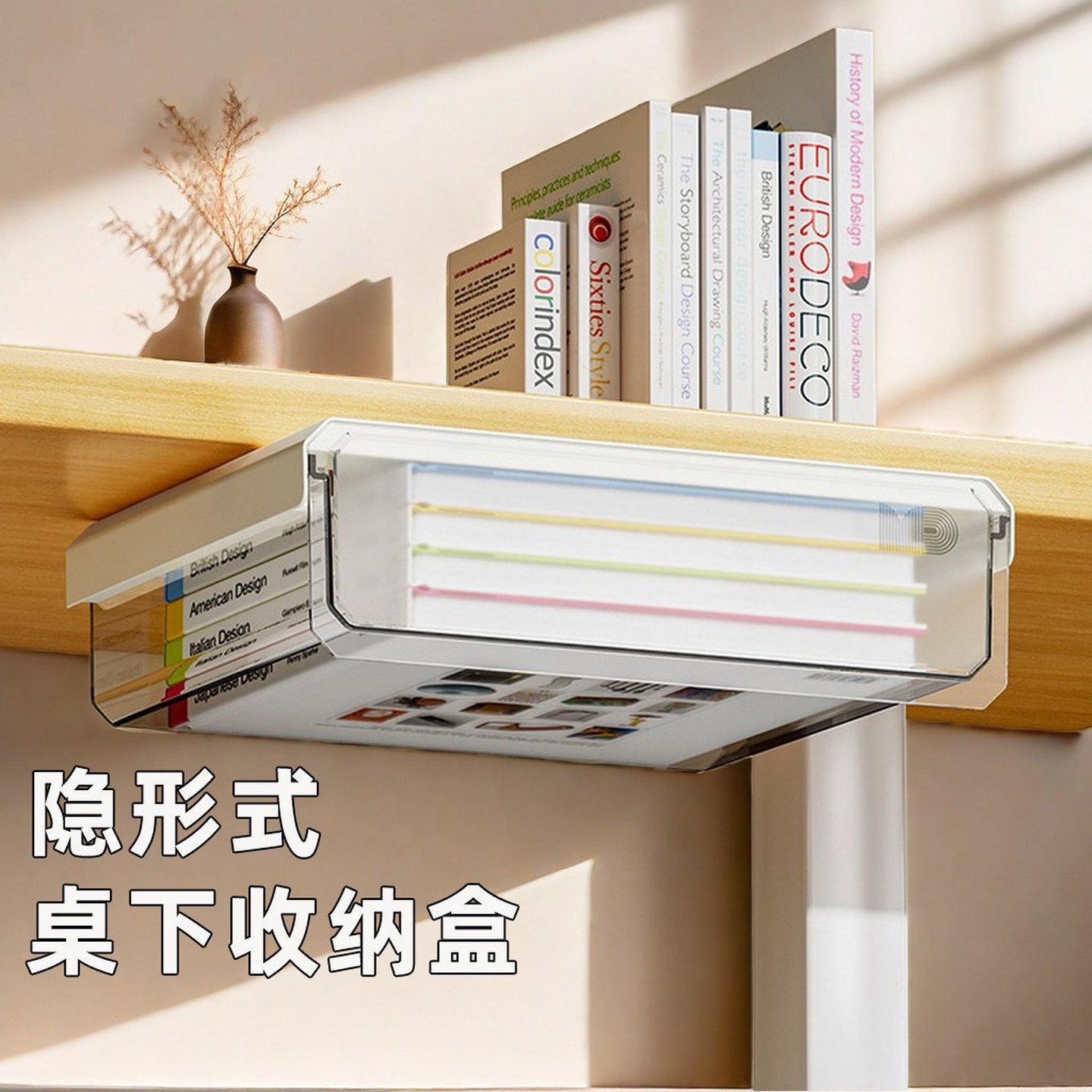 桌下隐形抽屉式收纳盒办公室工位书桌文具加装下挂置物架隐藏神器