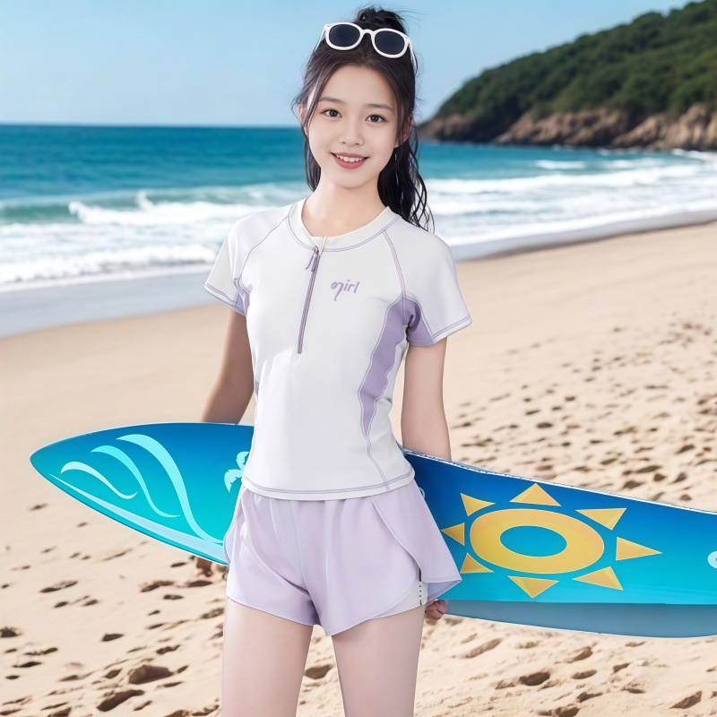 2025新款大童儿童泳衣女孩初中生发育期分体保守带胸垫运动款