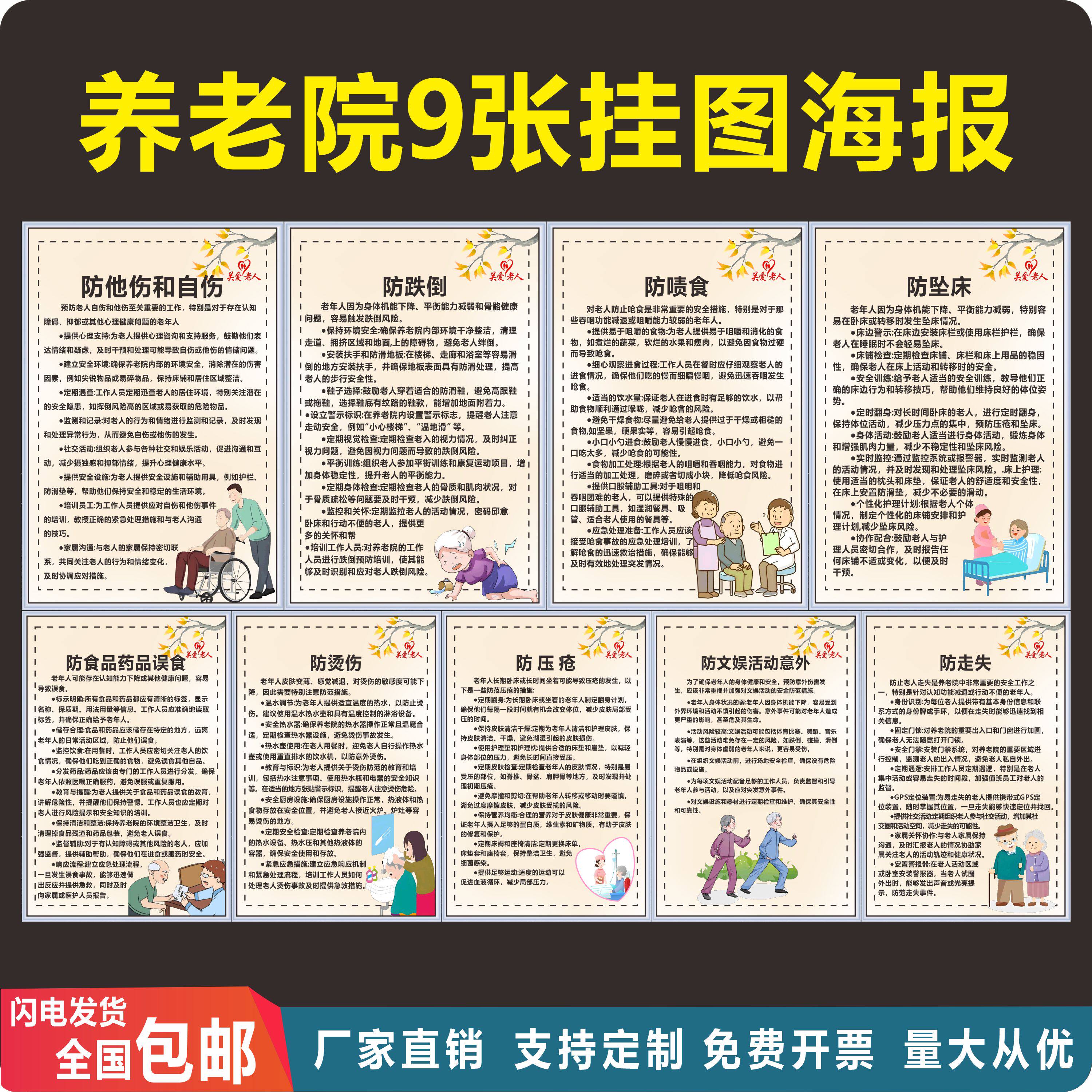 养老院管理制度防老人食品药品误食防烫伤防坠床防跌倒宣传挂图画