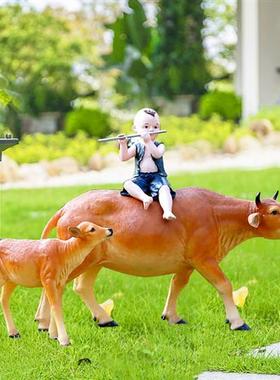 仿真牛雕塑玻璃钢黄牛摆件牧童骑牛农耕文化店铺门口园林景观装饰