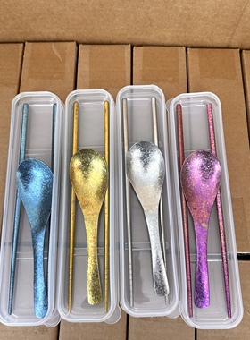 户外便携筷子勺子收纳盒套装纯钛彩色冰花勺筷蓝色钛勺食品级筷子