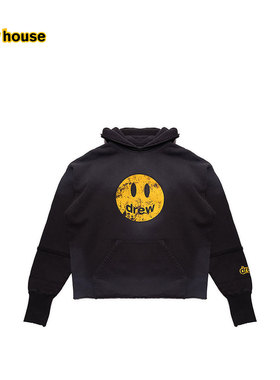 drew house mascot褪黑色笑脸连帽拼接卫衣抓绒宽松帽衫男女同款