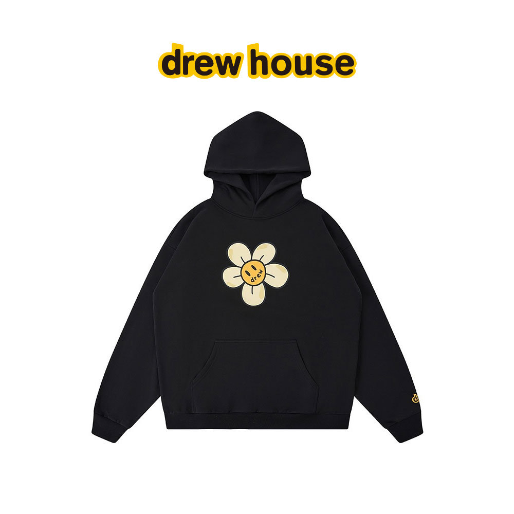 drew house daisy雏菊图案黑色连帽卫衣纯棉抓绒美式卫衣男女同款