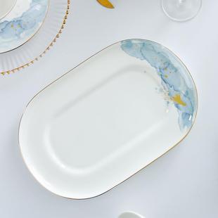 唐山骨瓷鱼盘蒸鱼盘子家用轻奢金边可微波陶瓷加长全鱼盘大号鱼碟