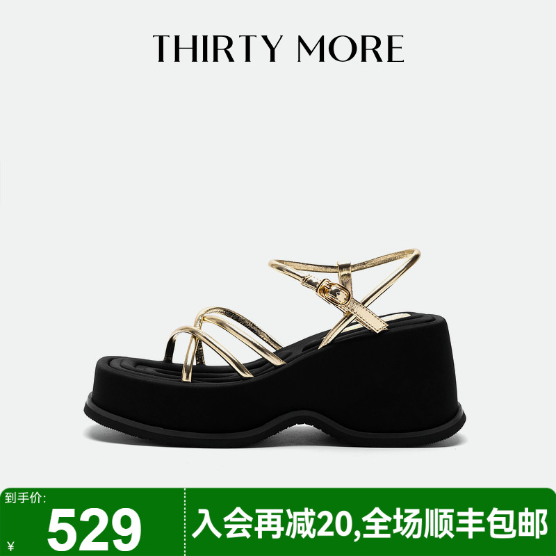 Thirty More百搭厚底凉鞋女2025新款夏季细带露趾凉鞋罗马沙滩鞋