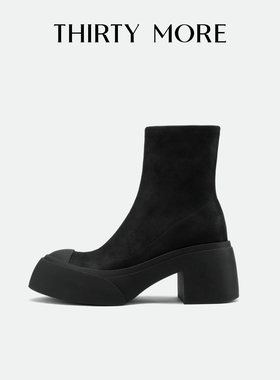 Thirty More粗高跟气质弹力靴女2025秋冬新款增高百搭短靴瘦瘦靴