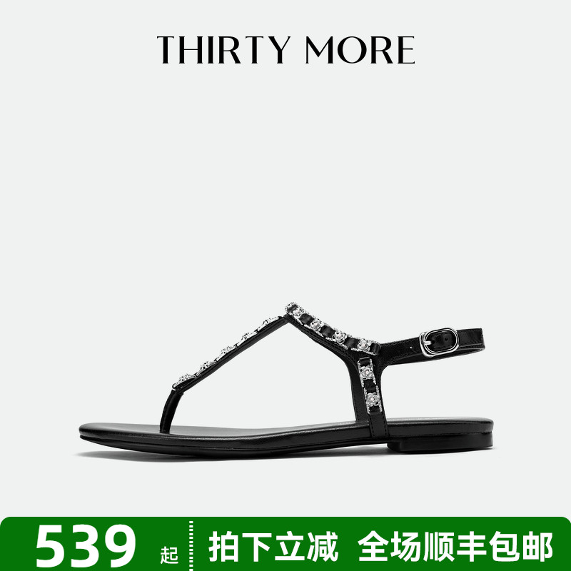 Thirty More黑色平底鞋女2025春季新款休闲一字带法式复古凉鞋女