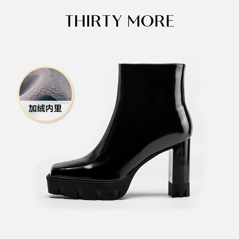 Thirty More粗跟短靴女25秋季新款复古方头时装靴加绒黑色瘦瘦靴,女鞋,时装靴,淘宝优惠券,粉丝福利购,淘宝优惠卷
