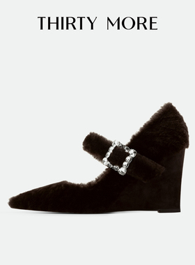 Thirty More一字式扣带坡跟单鞋女2026春季新款水钻方扣玛丽珍鞋