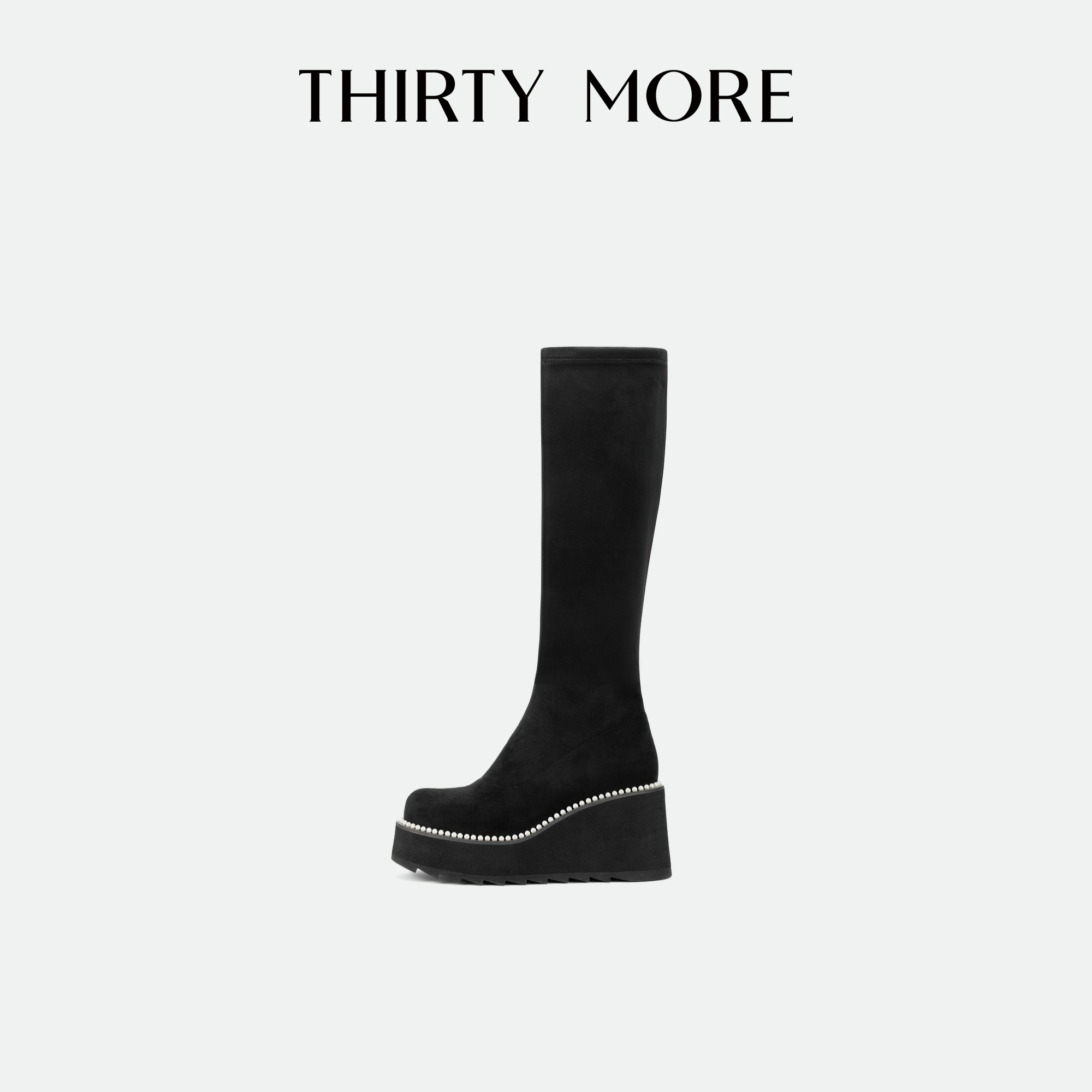 Thirty More珍珠设计轻奢高筒靴女2025冬季新款厚底增高弹力靴子