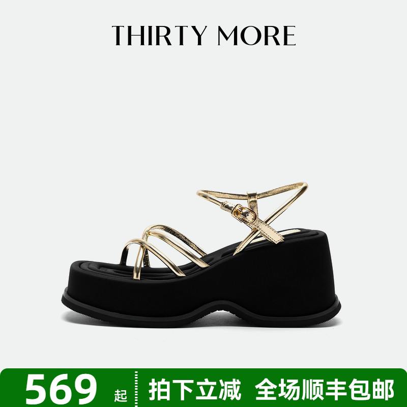 Thirty More百搭厚底凉鞋女2025新款夏季细带露趾凉鞋罗马沙滩鞋