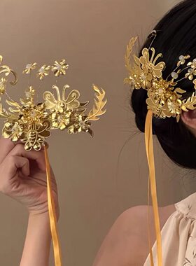 「金色虞姬」刘亦菲同款虞姬金色飘带花朵发夹女新娘结婚百搭头饰