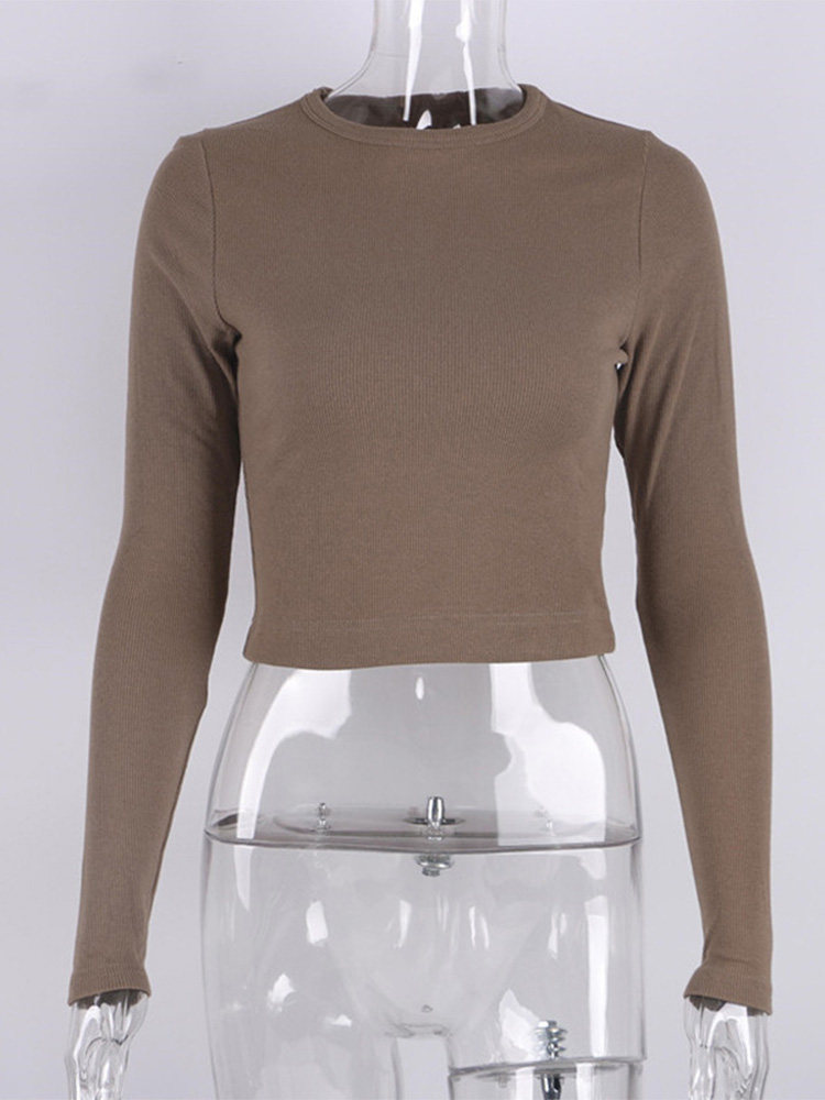 O NECK LONG SLEEVE SHIRT WOMEN RIBBED SEXY CROPPED TOPS 2022