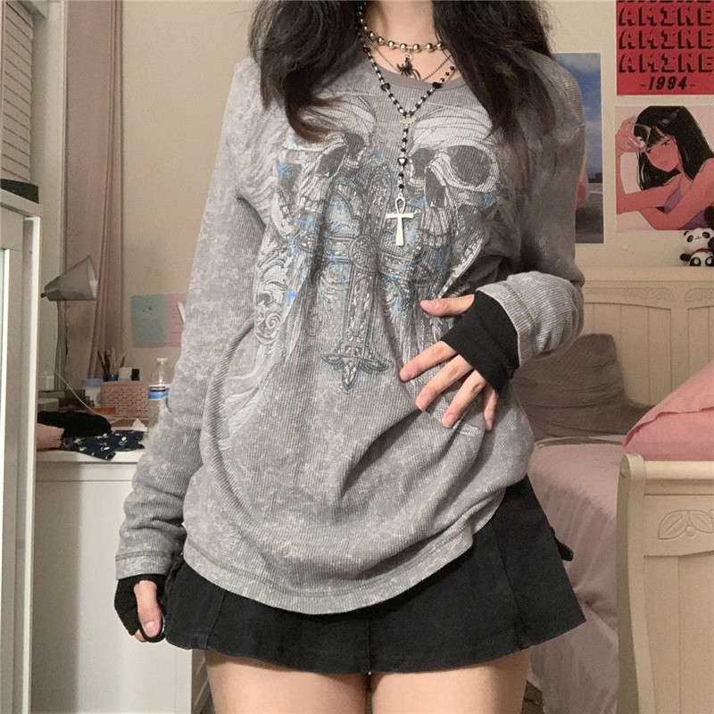 XINGQING GOTHIC T SHIRT WOMEN FAIRYCORE GRUNGE LONG SLEEVE T