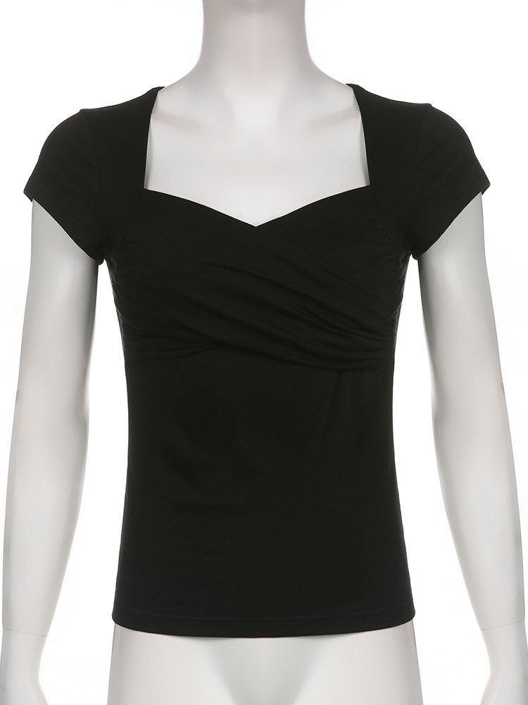 RAPCOPTER Y2K CROSS CROP TOP FOLDS BLACK SQUARE COLLAR T SHI
