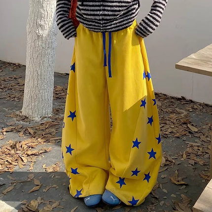 美式风星星印花阔腿裤女宽松黄色休闲裤潮酷街头风休闲弯刀裤长裤