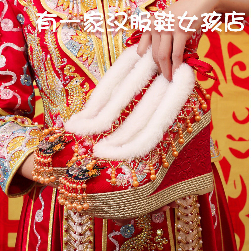 冬季新款超高跟10厘米加绒秀禾婚鞋手工红色汉服婚鞋婚礼绣花棉鞋