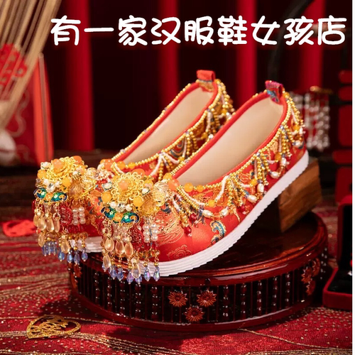 结婚鞋秀禾婚鞋汉服鞋红色绣花鞋