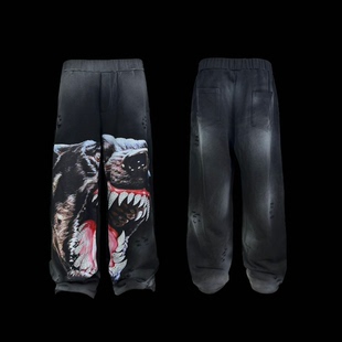 【张峻豪同款】99CLUB秋冬原创猎狗直喷印花烫钻手工磨破卫裤长裤