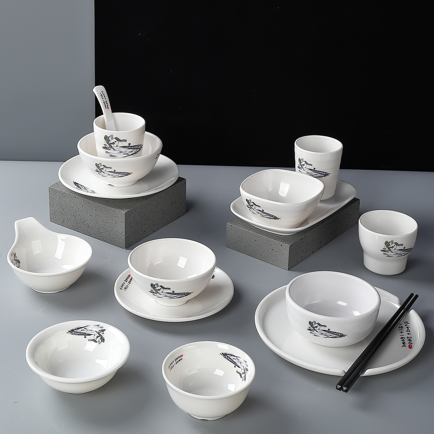 A5桥故乡酒店餐具摆台套装密胺摆台四件套创意高档碗碟勺套装商用