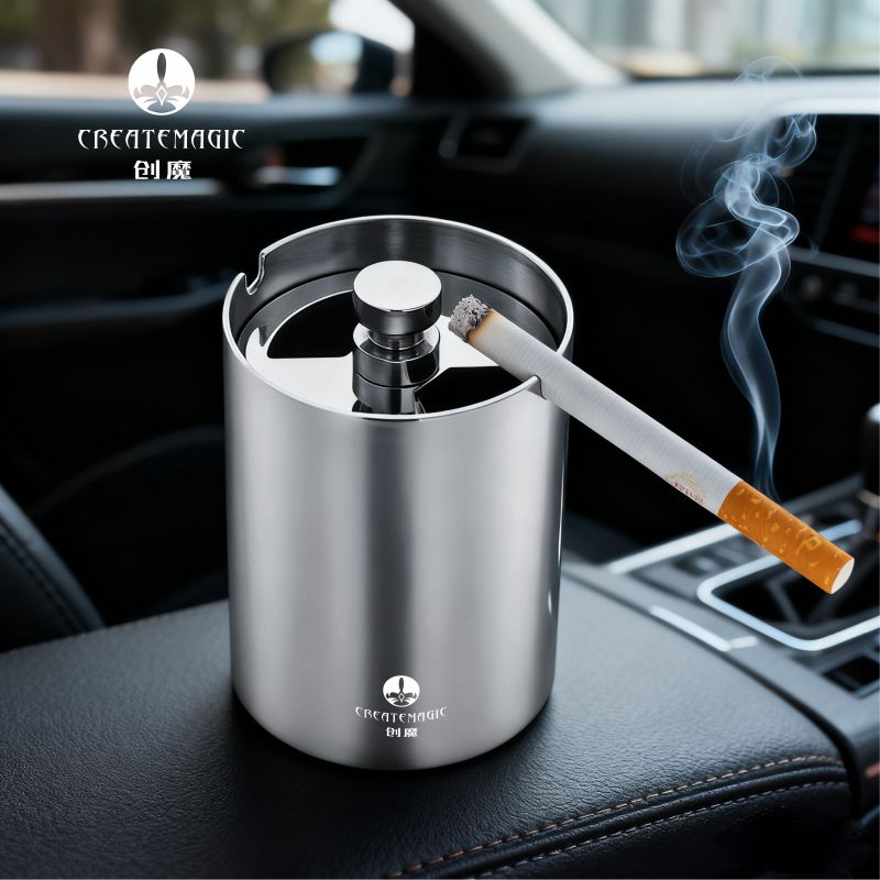 不锈钢烟灰缸防灰飞车载旋转带盖高级感办公室家用大容量创意定制