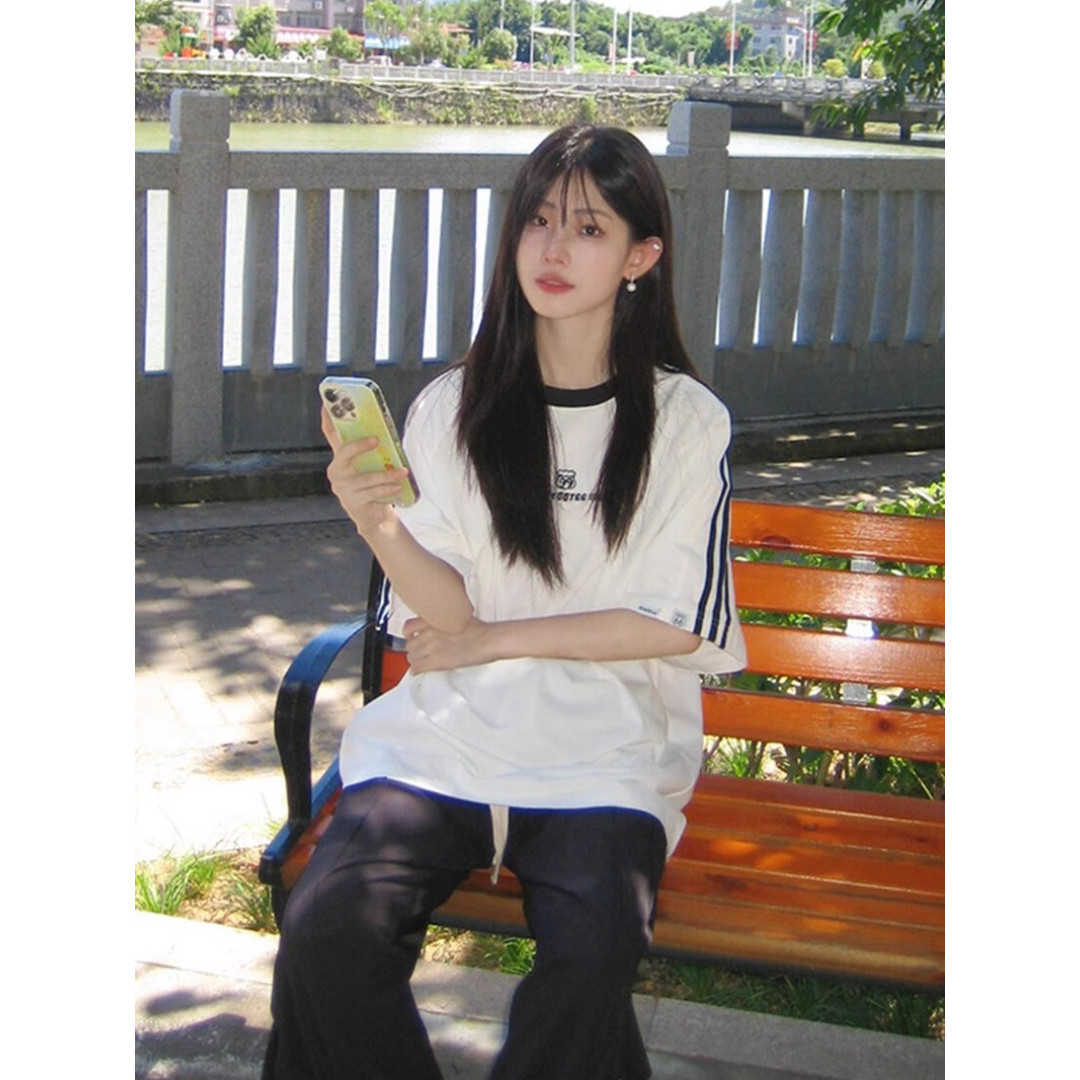 现配纯棉200克21支精梳紧密印花拉全三条杠宽松大版短袖恤女