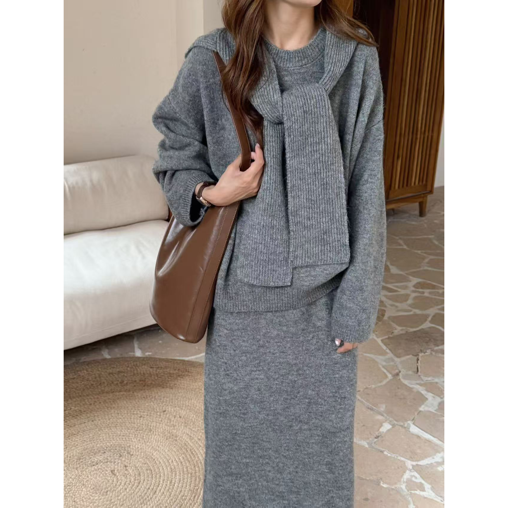 慵懒风宽松毛衣女2025冬季新款垂坠感长裤针织披肩三件套