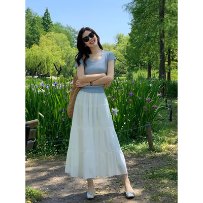 2025新款白色半身裙女夏垂感裙子小个子长款蛋糕裙半身长裙两件套