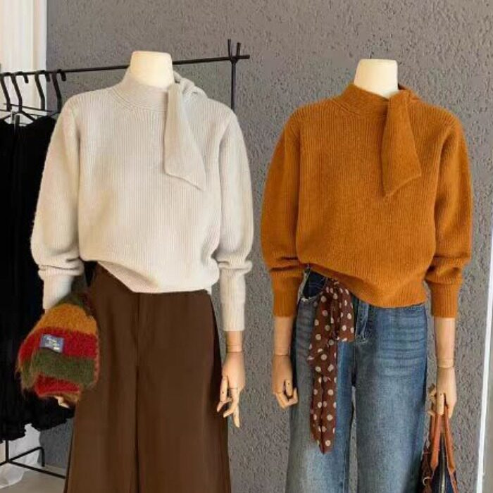 东大门秋冬新款绑带套头针织衫毛衣女上衣