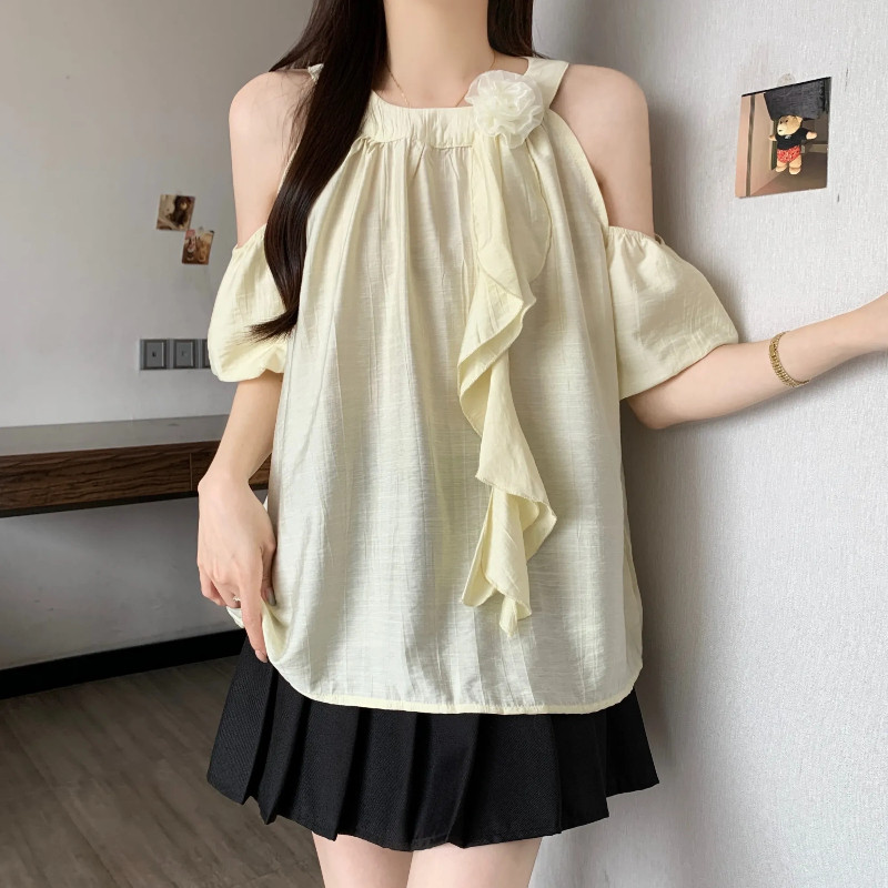 实拍大码女装夏季新款显瘦设计感小众荷叶边露肩气质温柔短袖上衣