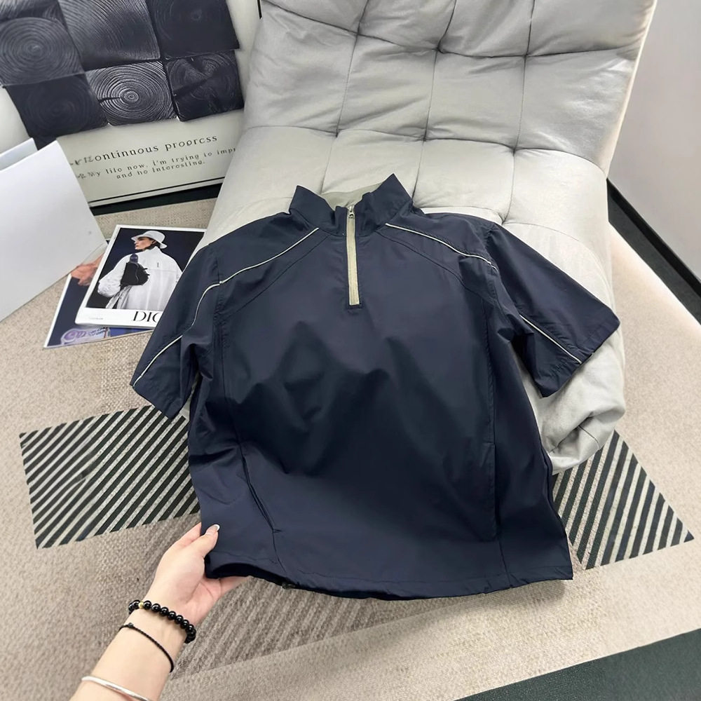 藏青色山系运动凉感速干短袖夏季美式撞色半拉链骑行服POLO衫t恤