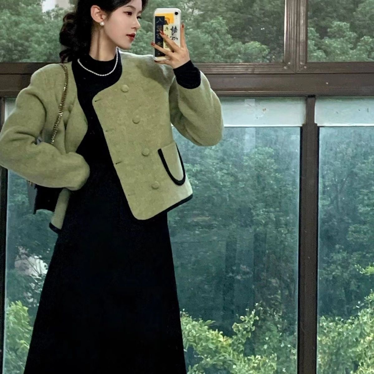 法式气质绿色小香风外套女秋冬季加厚呢子小个子高级感羊毛夹克